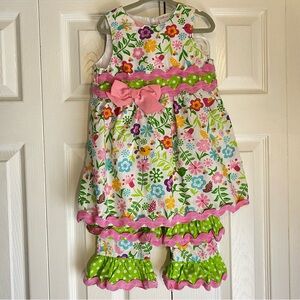 Cre8tions Matching Set Ruffle Pants Floral Birds Pink Green 3T